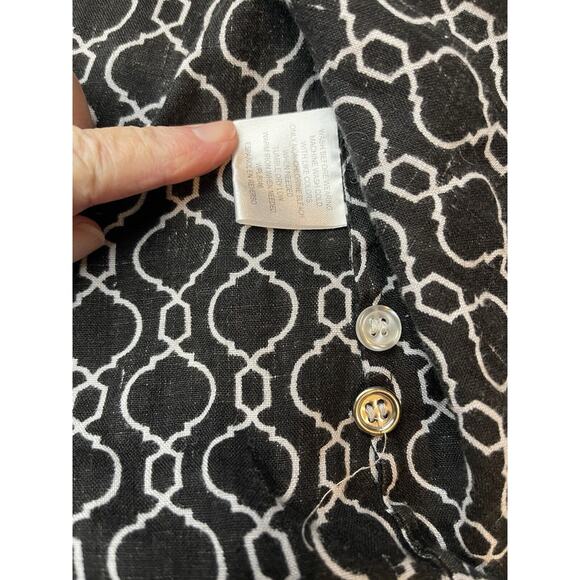 Charter Club Sz XL Linen Blouse Top Black White Long Sleeves Roll Tab - Picture 4 of 10